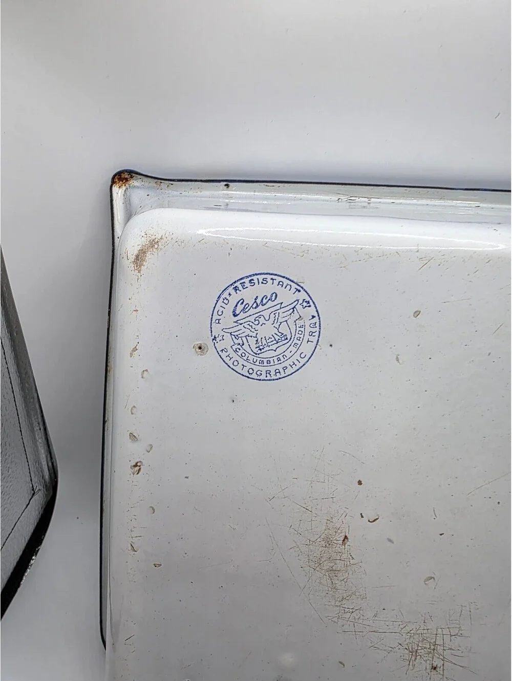 Vintage CESCO Enamel Photographic Developing Tray Blue Rim 1930s 1940s Darkroom